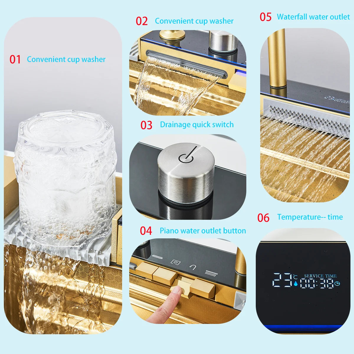 Brushed Gold 304 Stainless Steel Waterfall Style Modern Kitchen Large Single Slot Button Integrated Digital Display Faucet Set