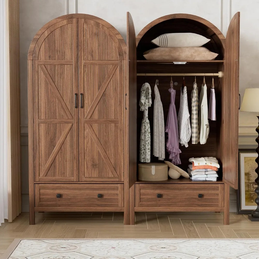 Armoire Wardrobe Closet with Drawers and 2 Arched Fluted Doors, 70.9‘’ Tall Wooden Bedroom Armoires with LED Light，Customized