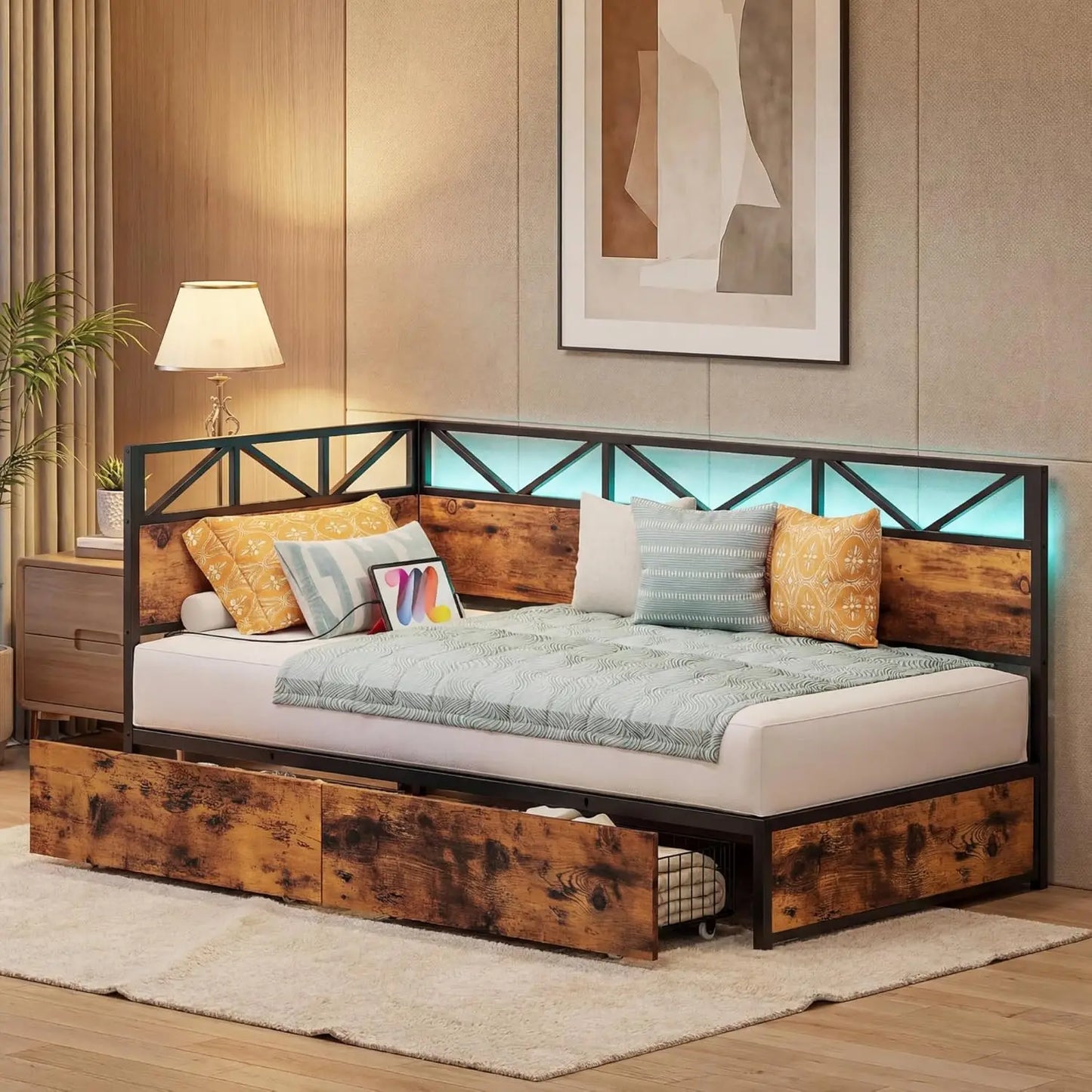 Twin Daybed with Storage Drawers and Charging Station, Corner Bed Frames with Headboard and LED Lights, Industrial, Customized