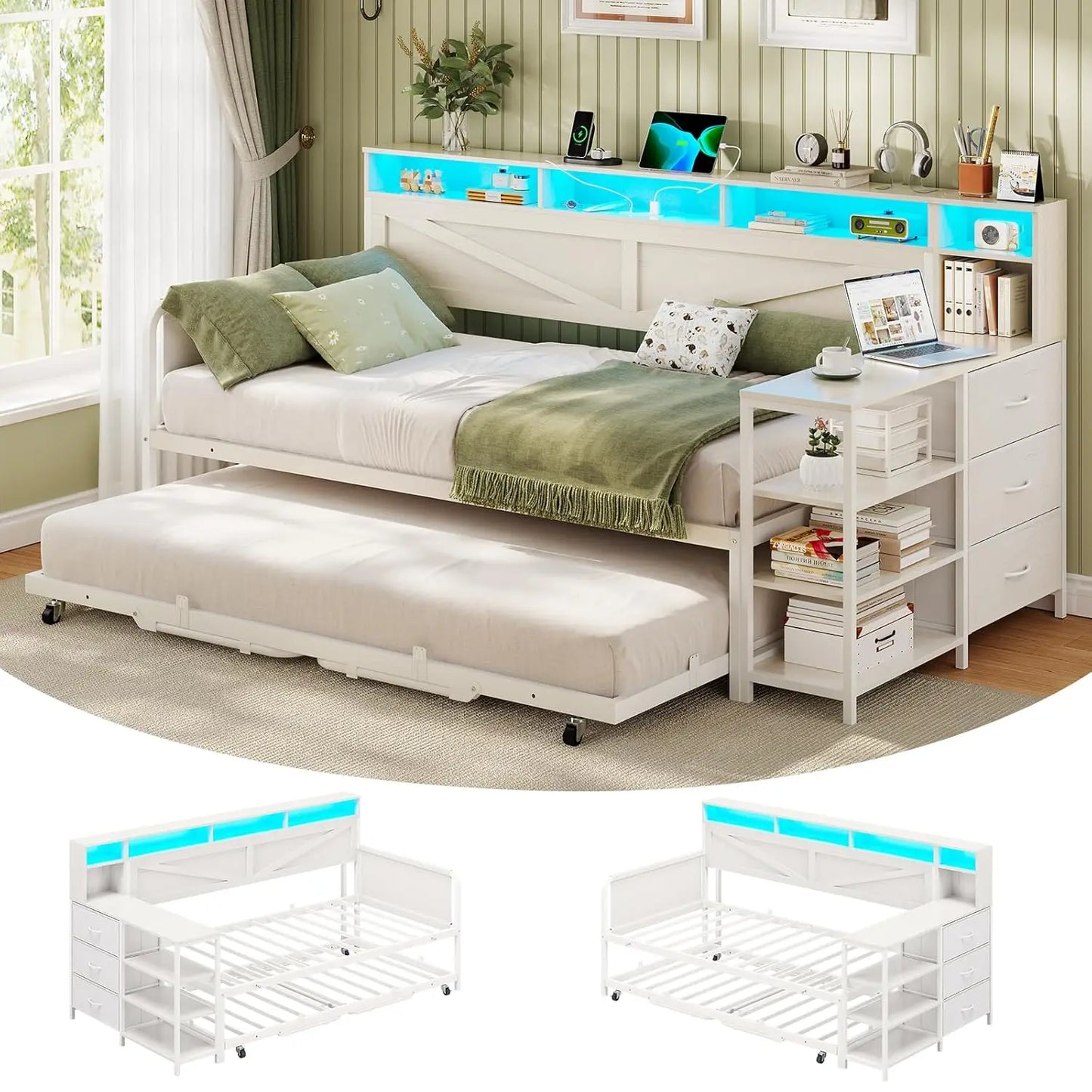 Daybed Twin with Pop Up Trundle, Farmhouse Wooden Day Bed Frame with 3 Storage Drawers and Shelves, Twin to King, Customized