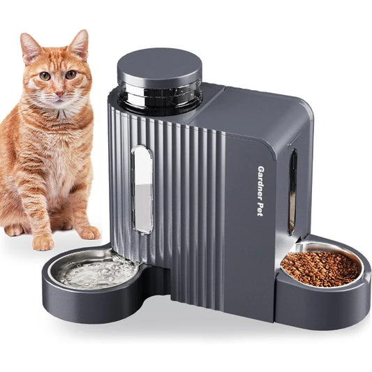 Automatic Gravity Cat Food Feeder and Water Dispenser Stainless Steel Two-in-One Set Large Capacity Dispenser for Pets Dogs, Pu