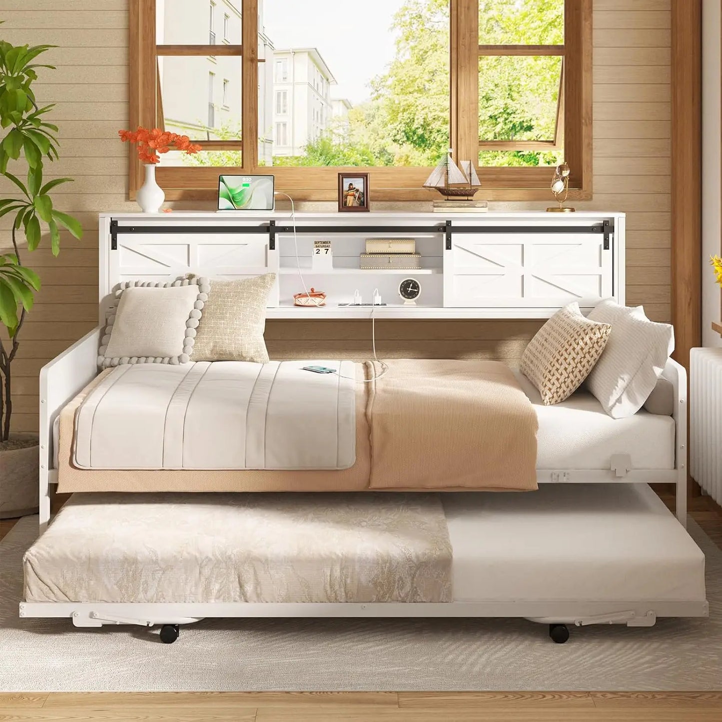 Farmhouse Twin Daybed with Pop Up Trundle, Bookcase Headboard, Charging Station & Metal Sofa Bed, Customized