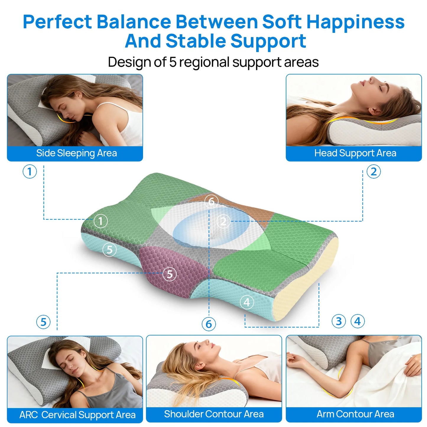 JHK Cervical Neck Double Sided Pillow Memory Foam Ventilated Cooling Ergonomic Bed Pillow Support Contour for Stomach Sleepers