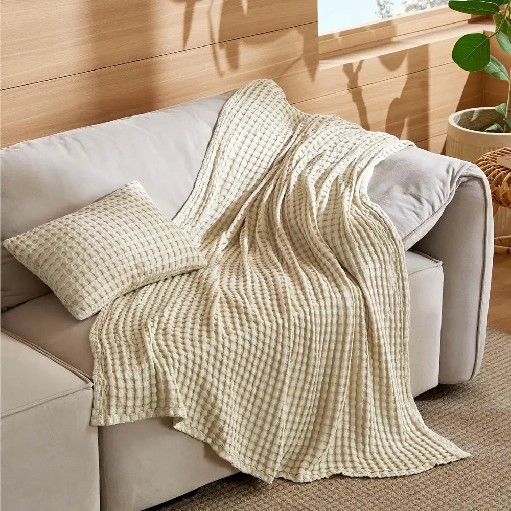 Cotton Comforter Set with Cotton Wale Throw Blanket - Olive Green King Size, Pillow Shams, Beige Cooling Blanket from Bamboo or