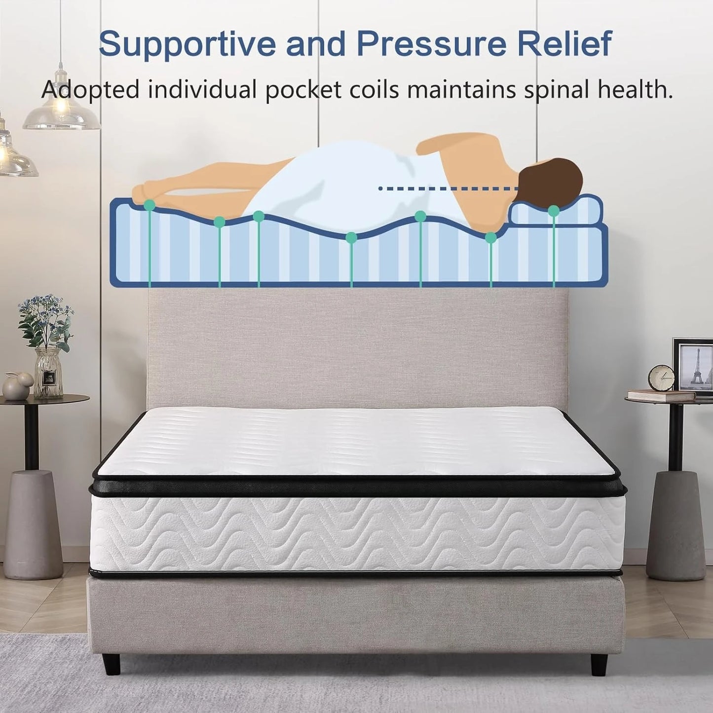 Hybrid Mattress, Memory Foam & Pocket Springs, Motion Isolation, Edge Support, Pressure Relief, Breathable Cover, Customized