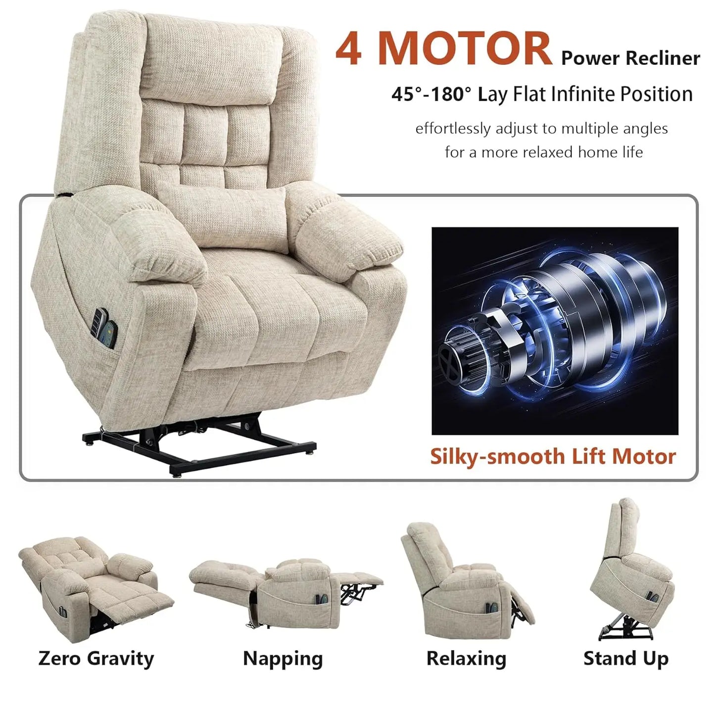 4 Motor Power Lift Recliner Chair for Elderly, Oversized Lay Flat Recliner with Massage Heat, Adjustable Headrest,, Customized