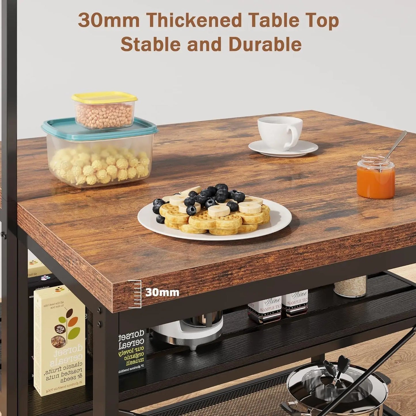 42" Kitchen Island with Storage & Seating - 3-Tier Bakers Rack, Microwave Stand, Dining Table for 4, 5 Hooks & 50lb Capacity, Mu