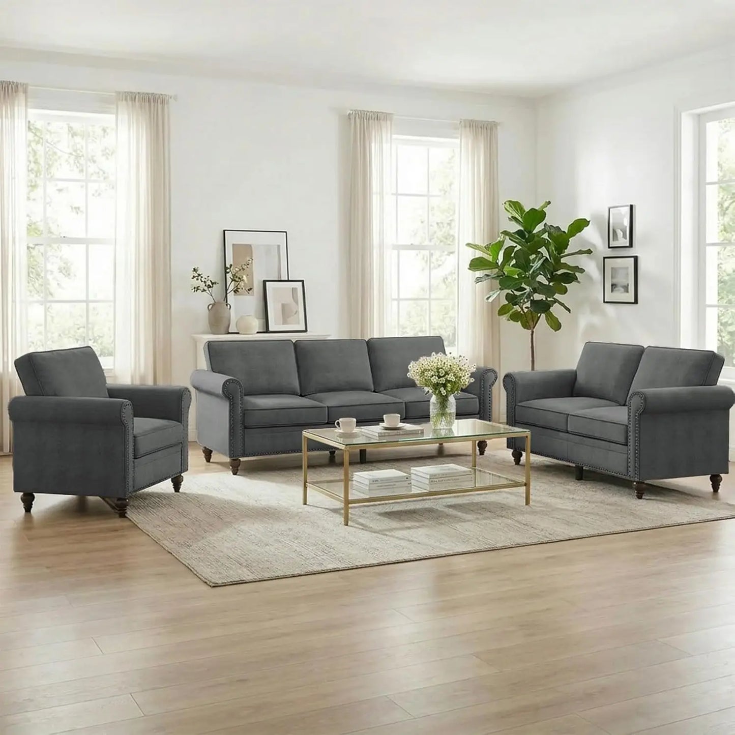 3 Piece Living Room Sofa Set, Linen Fabric Couch Set with Nailhead Trim, Modern Upholstered 6 Seat Sectional Sofa, Customized