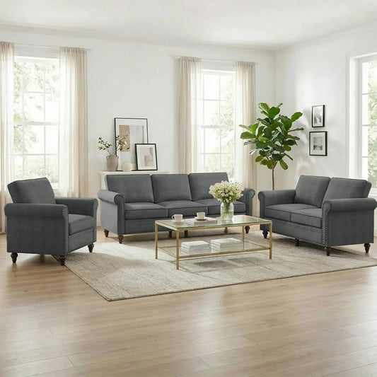 3 Piece Living Room Sofa Set, Linen Fabric Couch Set with Nailhead Trim, Modern Upholstered 6 Seat Sectional Sofa, Customized