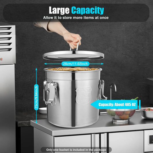 Bymaocar 12L 304 Stainless Steel Cereal Container Metal Kitchen Rice Oil Storage Bucket Airtight Durable, Corrosion Resistant