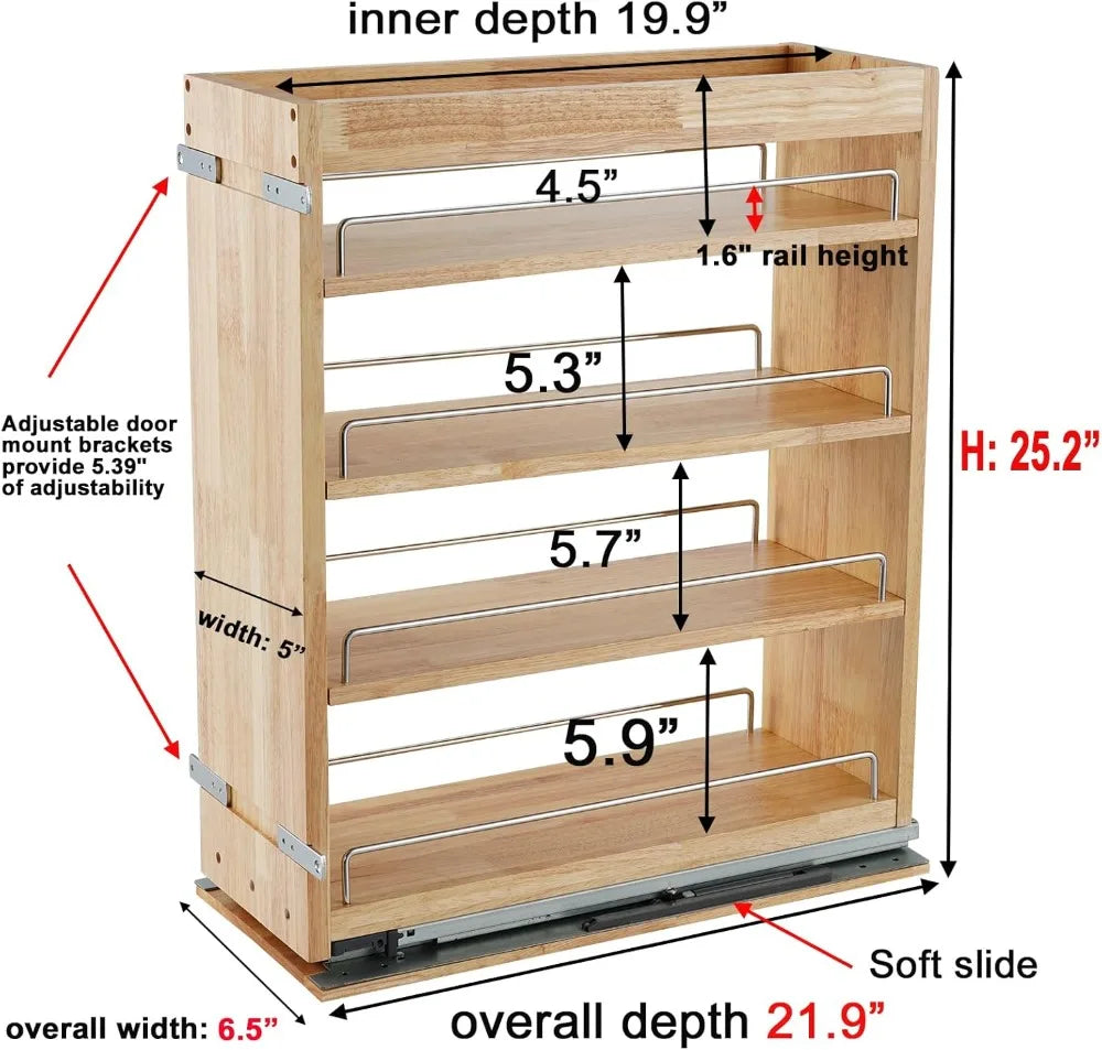 Pull Out Spice Rack Organizer for Cabinet, 5"W x 21.9"D x 25.2"H, Multi-Use Wood Slide Out Shelf Kitchen Storage