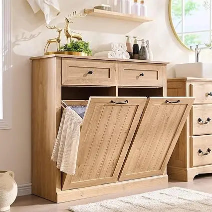 Double Tilt Out Laundry Hamper Cabinet, 20 Gallon Farmhouse Trash Can Cabinet with Drawer, Hidden Wood Garbage Can Bin Cabinet w