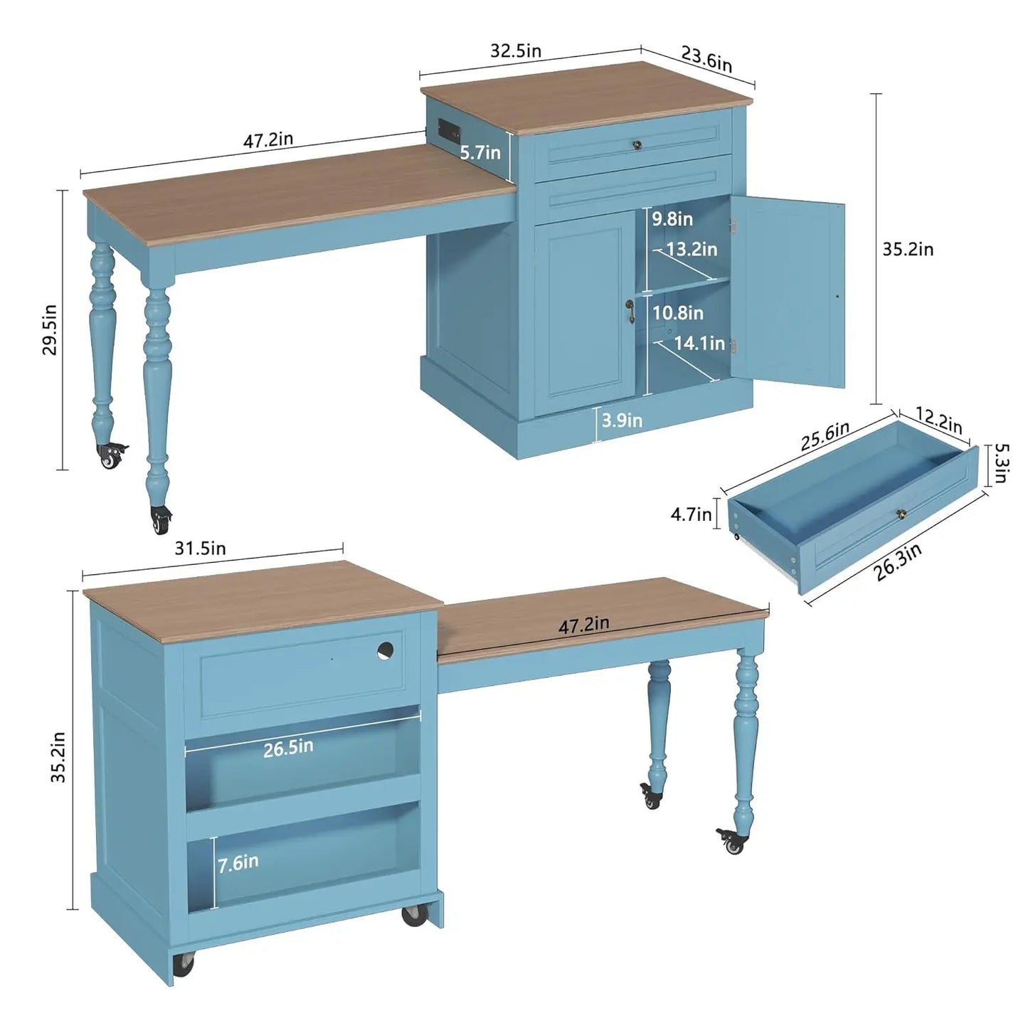 72" Kitchen Island with Extendable Table for 2-4, Island Table for Kitchen with Power Outlet and Storage Slide Out, Custom
