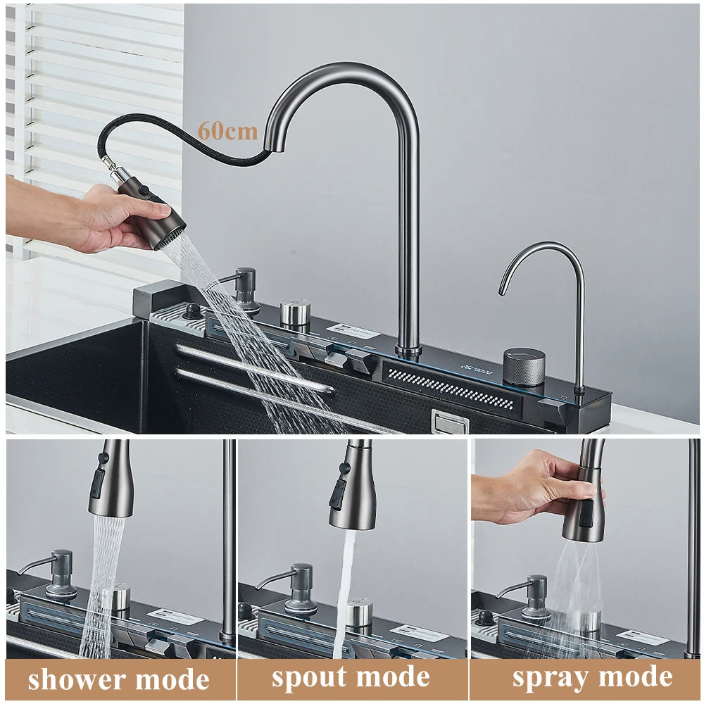 304 Stainless Steel Kitchen Waterfall Sink Digital Display Large Single Sink Dish Basin Sink With Multifunction Touch Waterfall