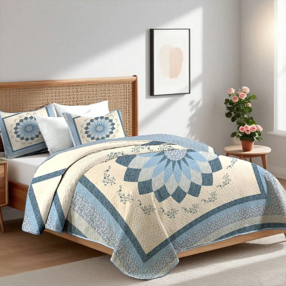 2/3 Pieces Elegant Blue Floral Print Quilt Set(1 Quilt + 1/2 Pillowcases), 100% Polyester Material Is More Breathable In Summer