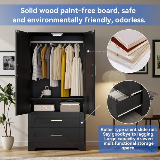 Wooden Armoire Wardrobe Closet with 2 Drawers, Bedroom Armoires with Door and Shelves, Freestanding Wardrobe Clothing，Customized