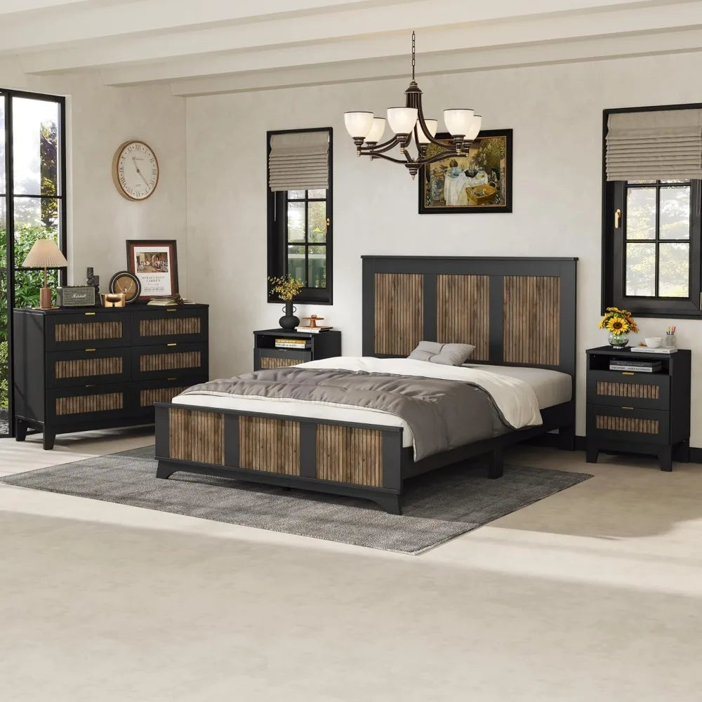 4 Piece Queen Bedroom Set, Queen Size Platform Bed with Wooden Strip Stickers Decoration, 2 Nightstands and Dresser, 4 Piece Fa