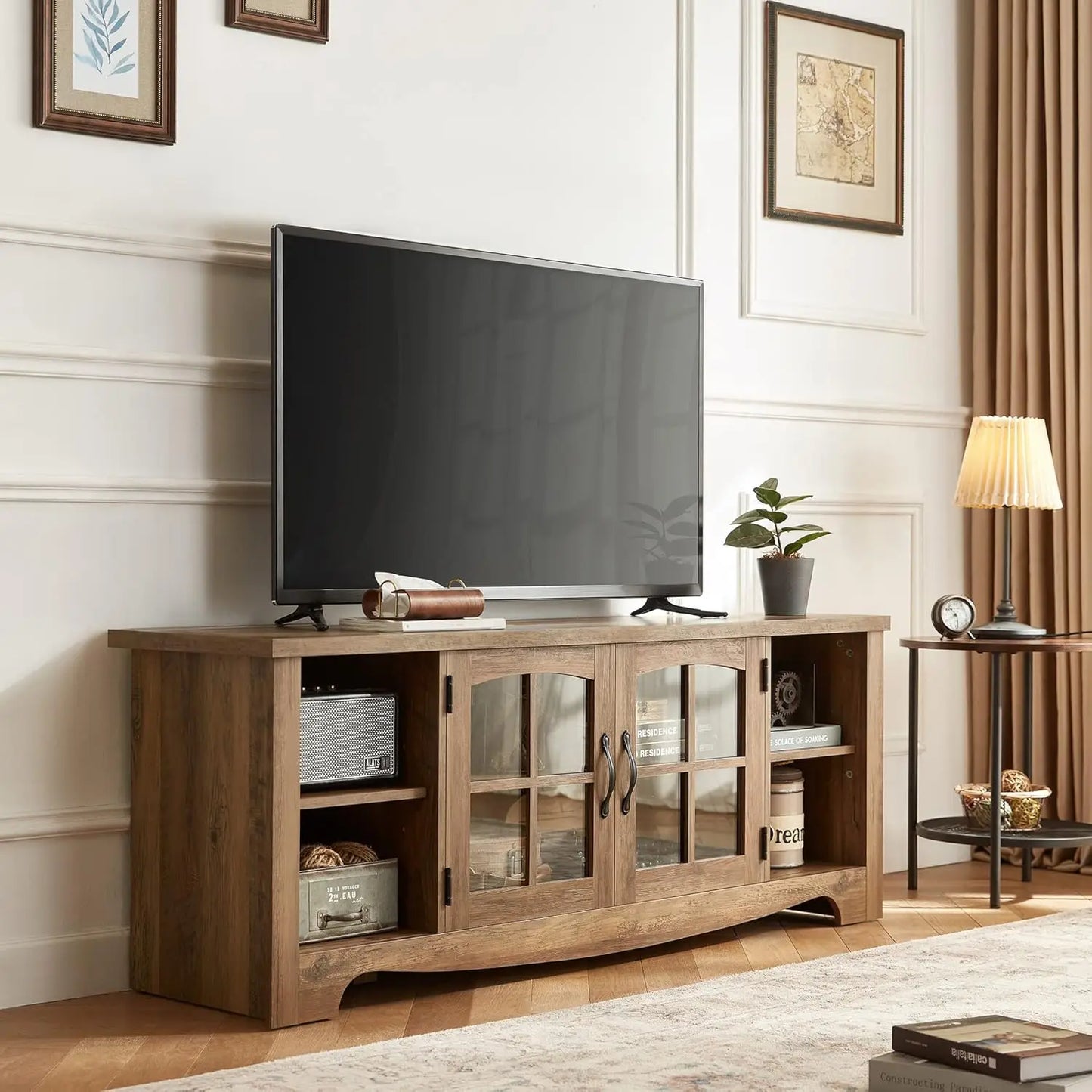 Living Room Table Sets 4 Piece with TV Stand, Farmhouse TV Stand for 65 Inch TV,  Two End Table with Charging Station, Brown
