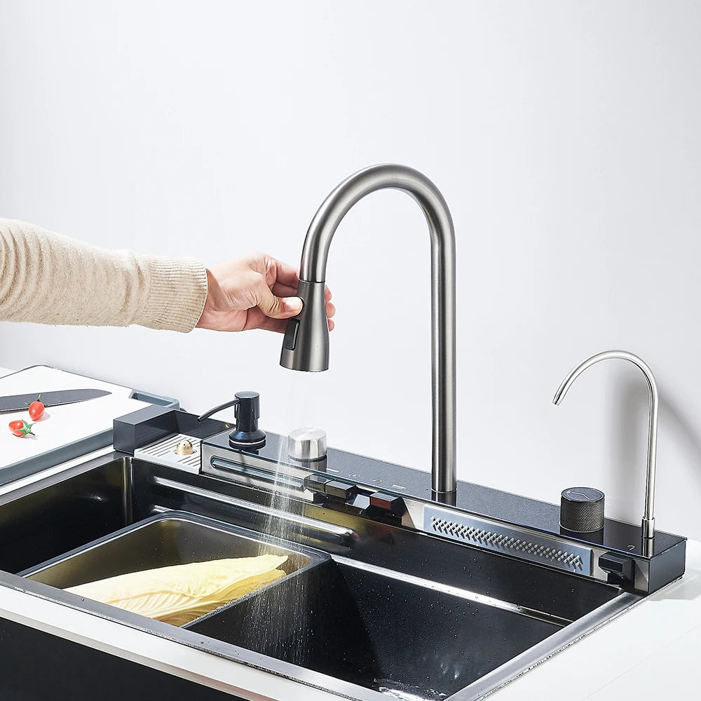 304 Stainless Steel Kitchen Waterfall Sink Digital Display Large Single Sink Dish Basin Sink With Multifunction Touch Waterfall