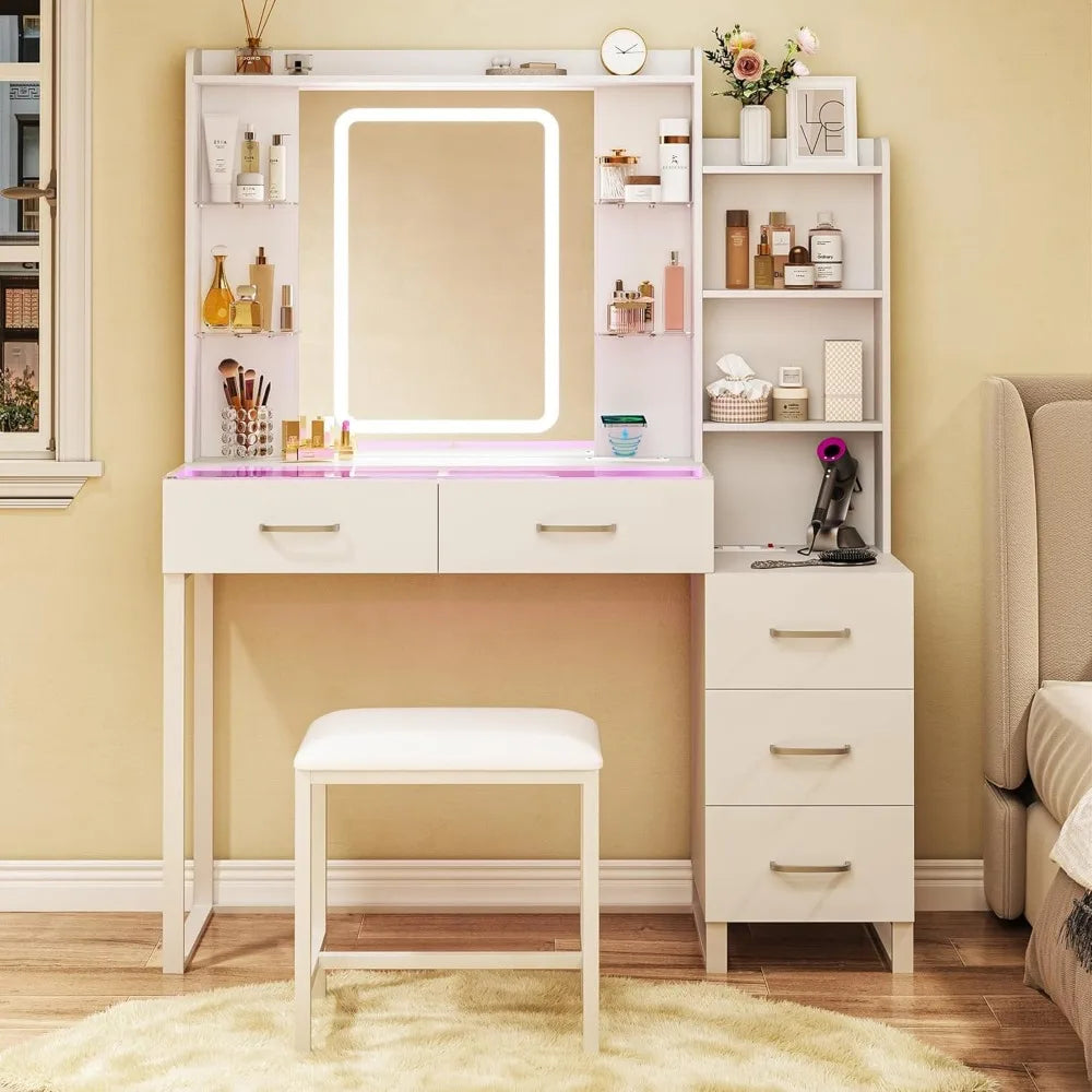 43" Glass Top Vanity Desk with LED Mirror RGB Drawers Wireless Charging 3 Color Lights Power Outlet Bedroom, Customized