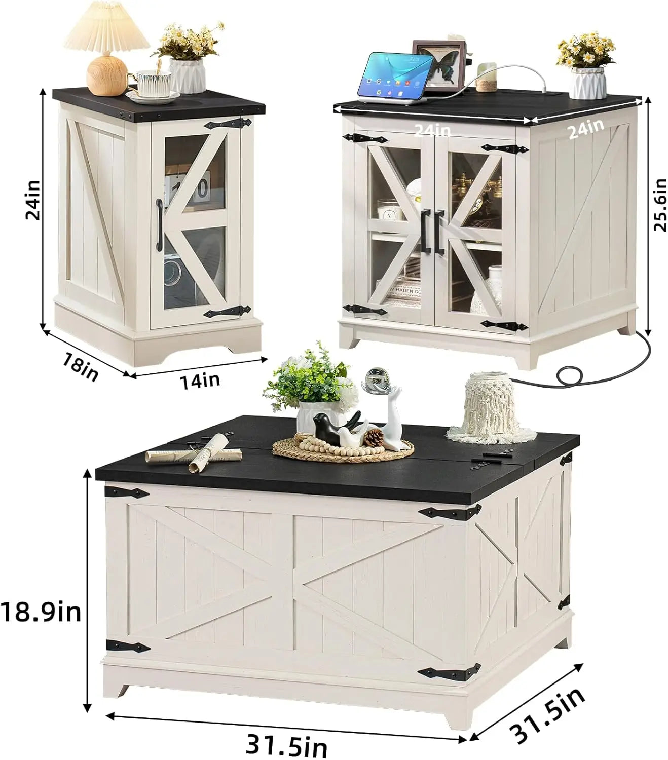 Farmhouse Coffee Table Sets 3 Pieces, 24'' End Table with Charger and Narrow 14'' Nightstand w/Glass Barn Door, Living Room Sets