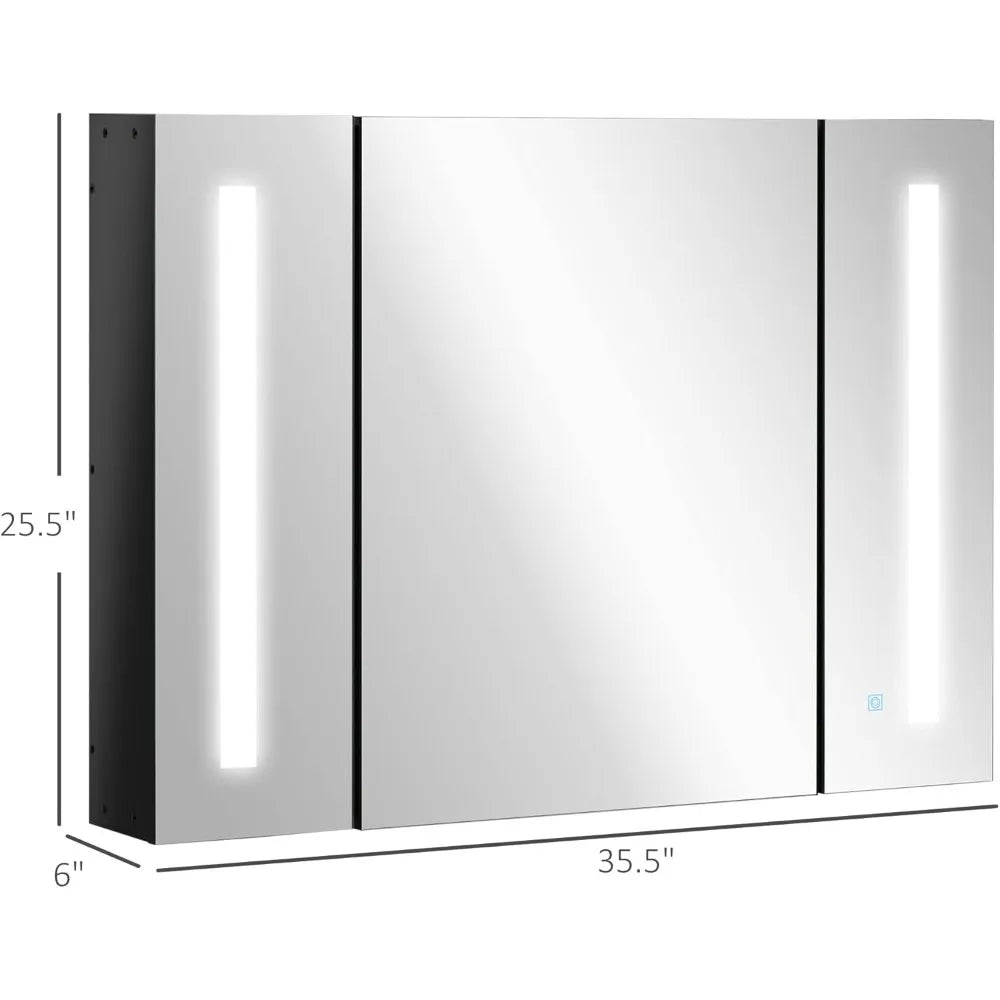 Wall Mounted Mirror Cabinet, LED Lighted Medicine Cabinet with 3 Doors, Adjustable Shelves, Memory Function