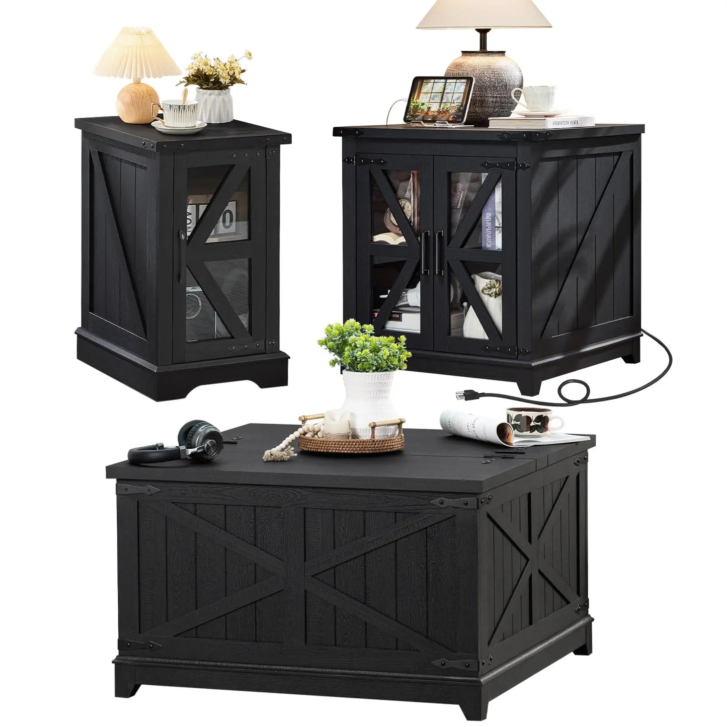 Farmhouse Coffee Table Sets 3 Pieces, 24'' End Table with Charger and Narrow 14'' Nightstand w/Glass Barn Door, Living Room Sets