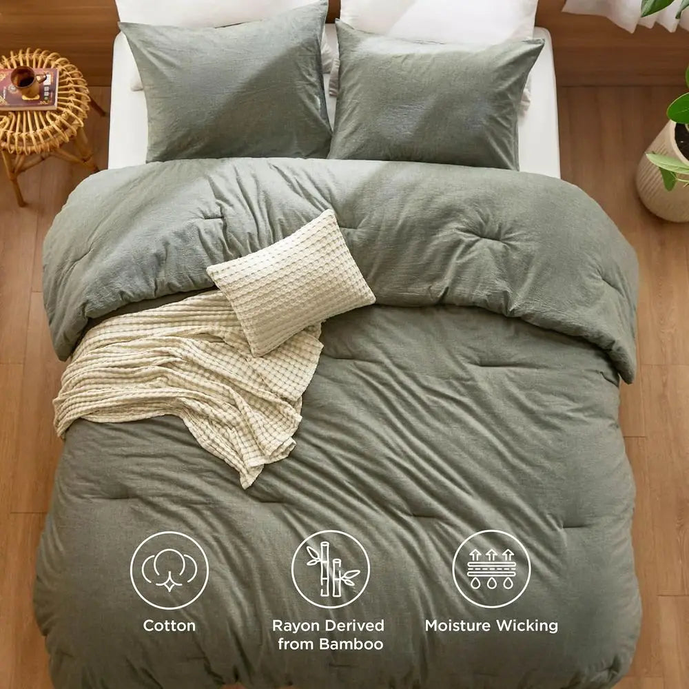 Cotton Comforter Set with Cotton Wale Throw Blanket - Olive Green King Size, Pillow Shams, Beige Cooling Blanket from Bamboo or