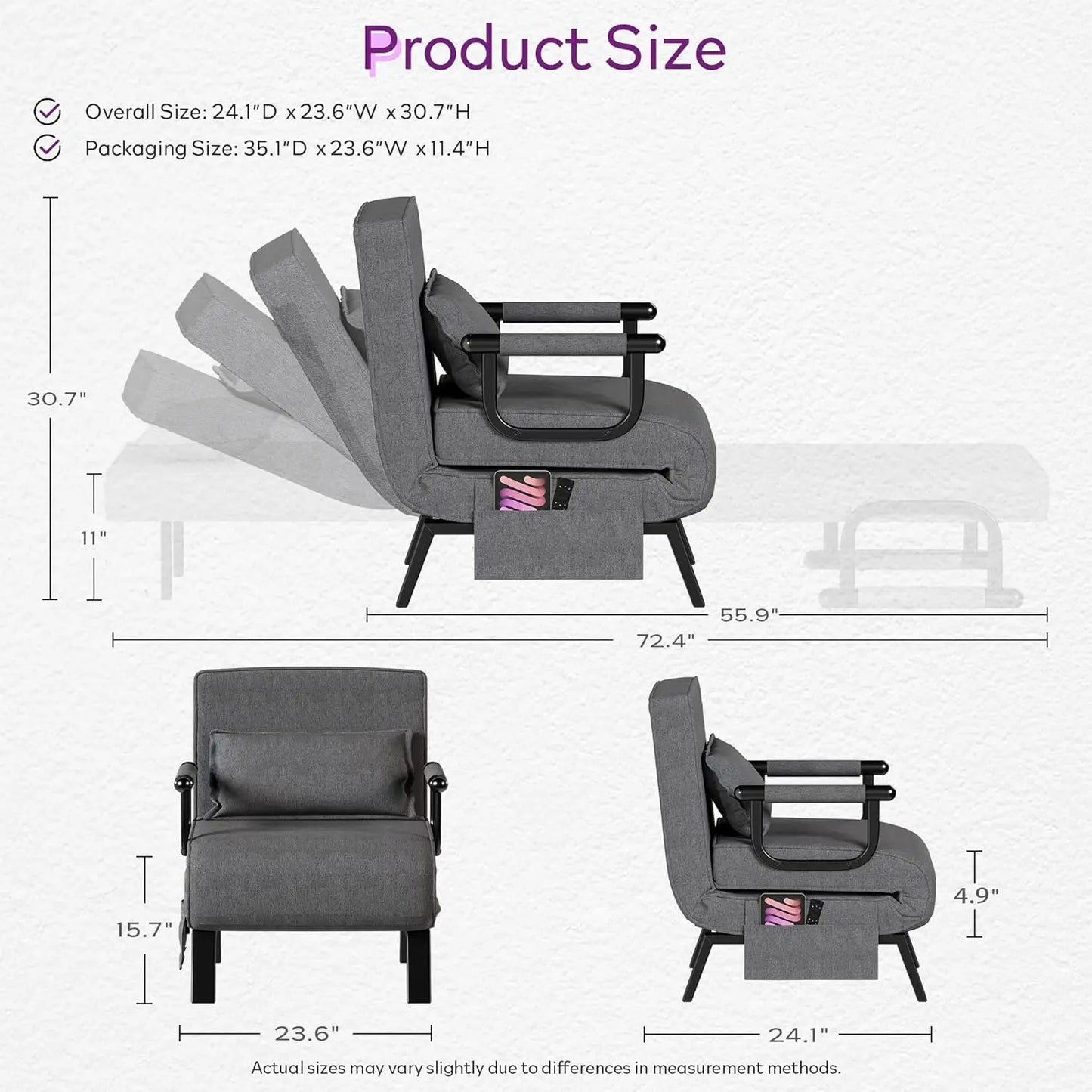 Convertible Sleeper Chair Bed 5-in-1 Adjustable Backrest Side Pockets Pillow Small Space Office Dark Grey Customized