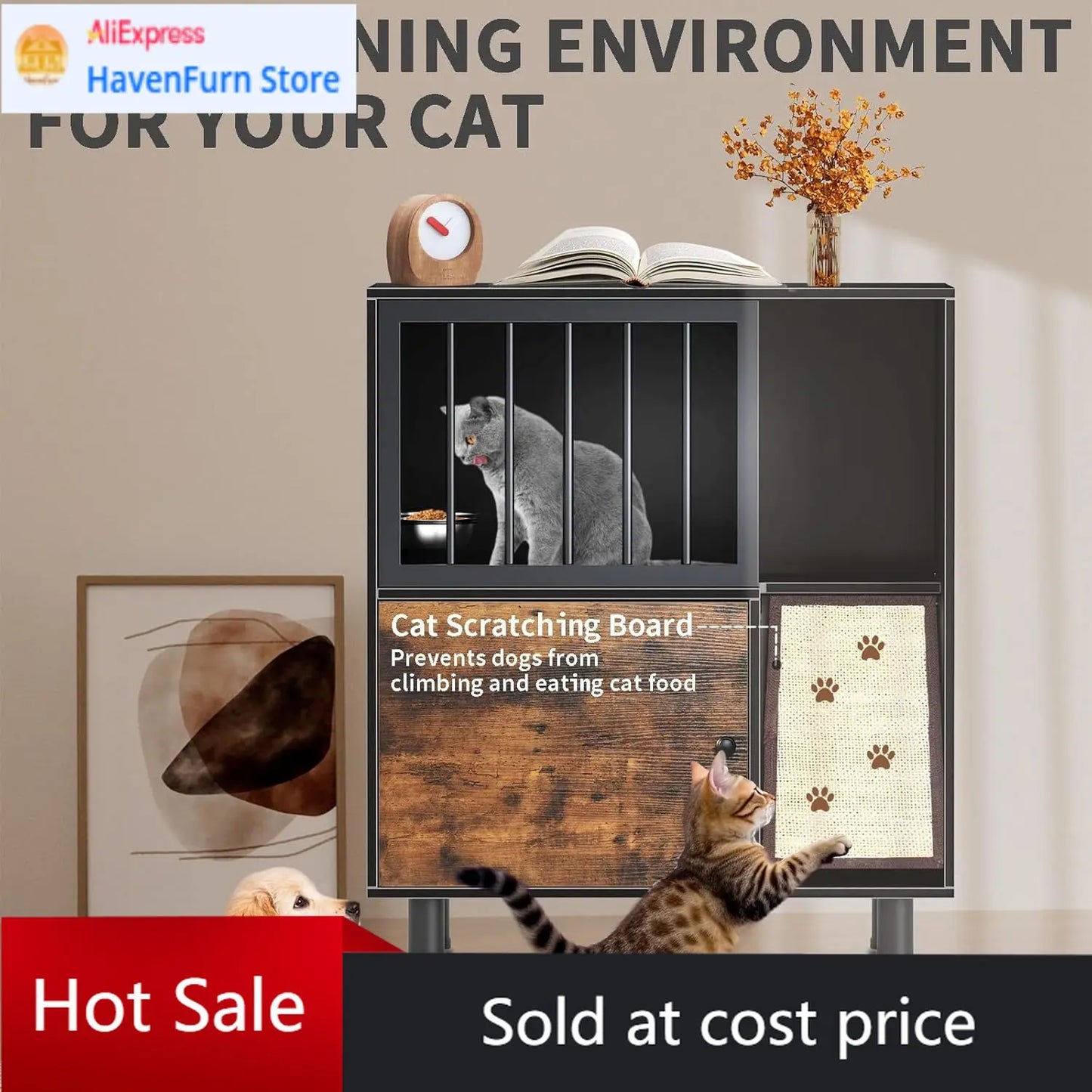 Activity priceWood Dog Proof Cat Feeding Station with Storage Box and Removable Bowl, Outdoor Cat Feeding Table with Scratching