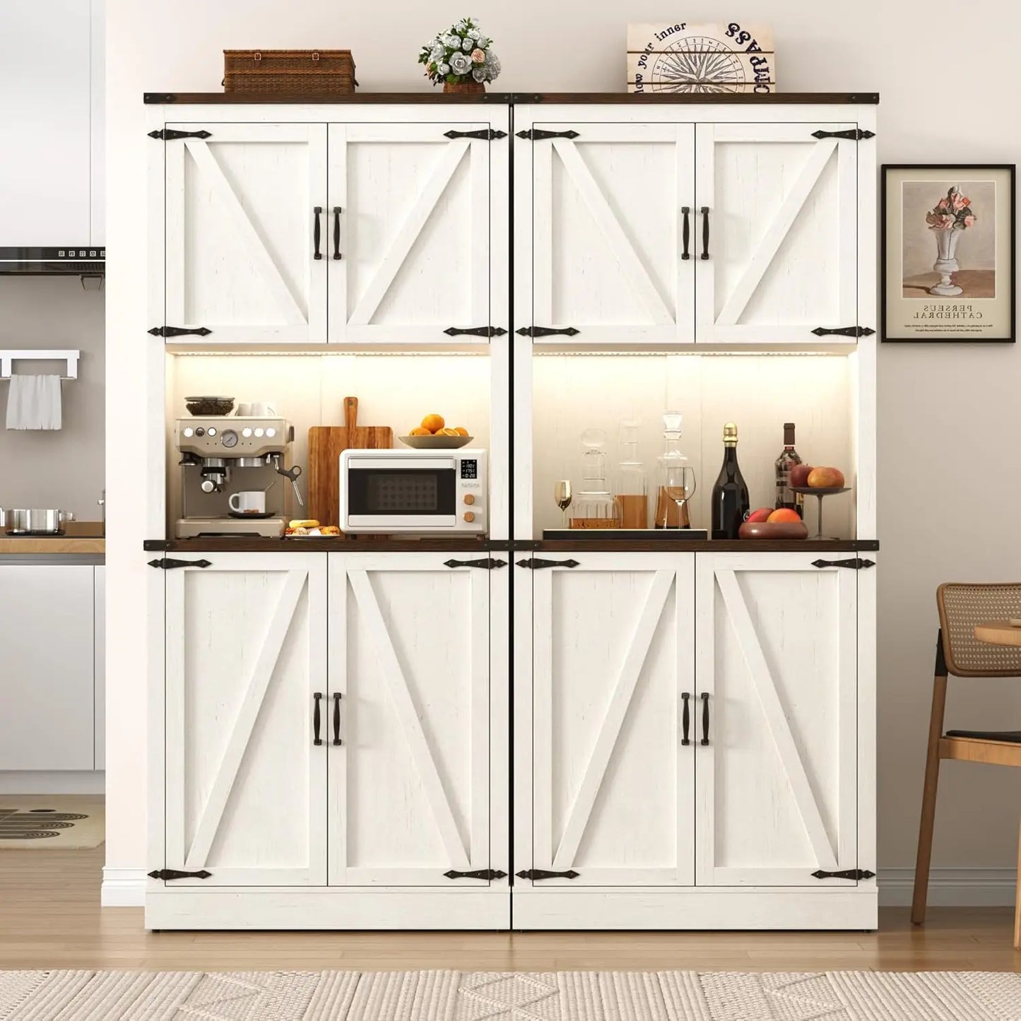 72" Tall Farmhouse Kitchen Pantry Cabinet with LED Light and Power Outlet,Modern Farmhouse Kitchen Storage Cabinet w, Custom