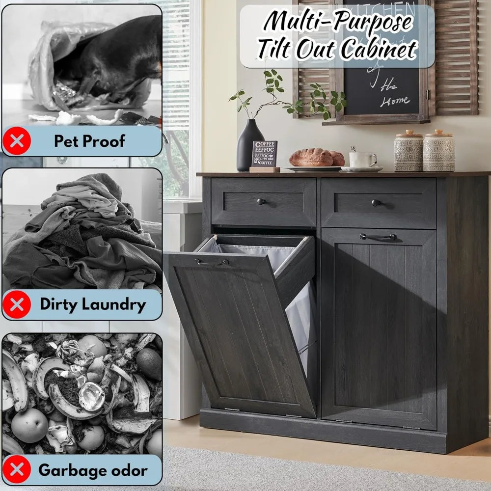Double Tilt Out Laundry Hamper Cabinet, 20 Gallon Farmhouse Trash Can Cabinet with Drawer, Hidden Wood Garbage Can Bin Cabinet w