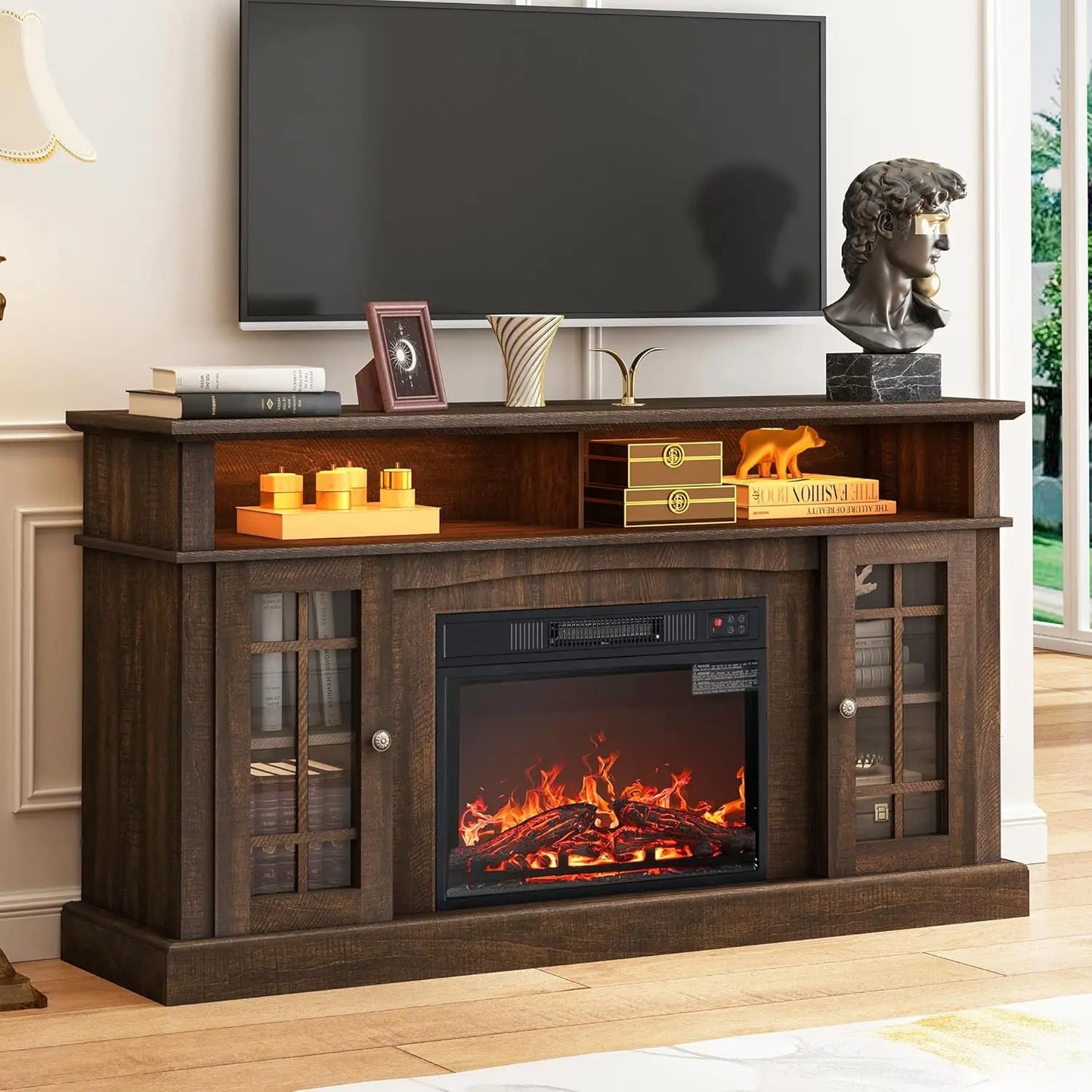 58" Fireplace TV Stand for TVs Up to 65", Farmhouse Entertainment Center with 23" Electric Fireplace & LED Light,, Customized
