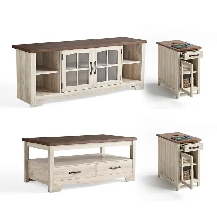 Living Room Table Sets 4 Piece with TV Stand, Farmhouse TV Stand for 65 Inch TV,  Two End Table with Charging Station, Brown