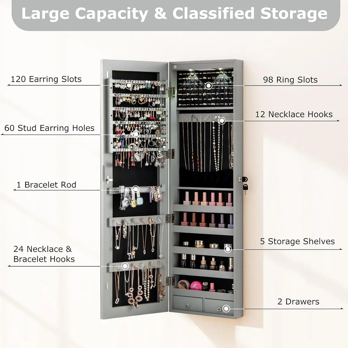 Wall Door Mounted Jewelry Armoire with 47.5 Full Length Mirror & 2 LED Lights, Large Storage Capacity, Lockable Mirror