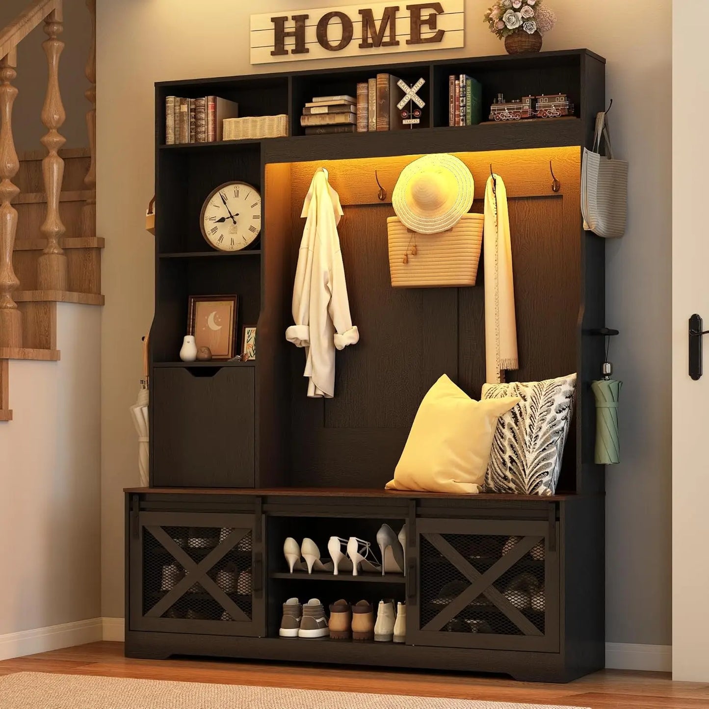 75in Farmhouse Hall Tree Entryway Storage Bench Coat Rack Shoe Cubbies Umbrella Holder Drawer Mudroom Cabinet, Custom