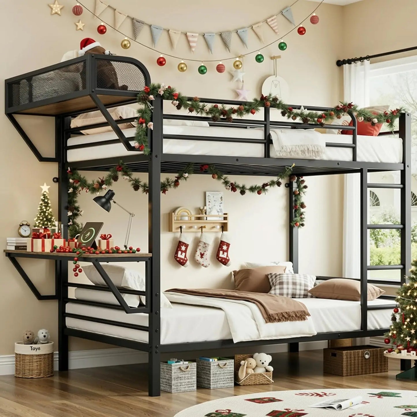 Bunk Bed Twin Over Twin, Metal Bunk Beds with Power Outlets & Desk, Heavy-Duty Bunkbeds Frame with Safety Guardrail, Customized