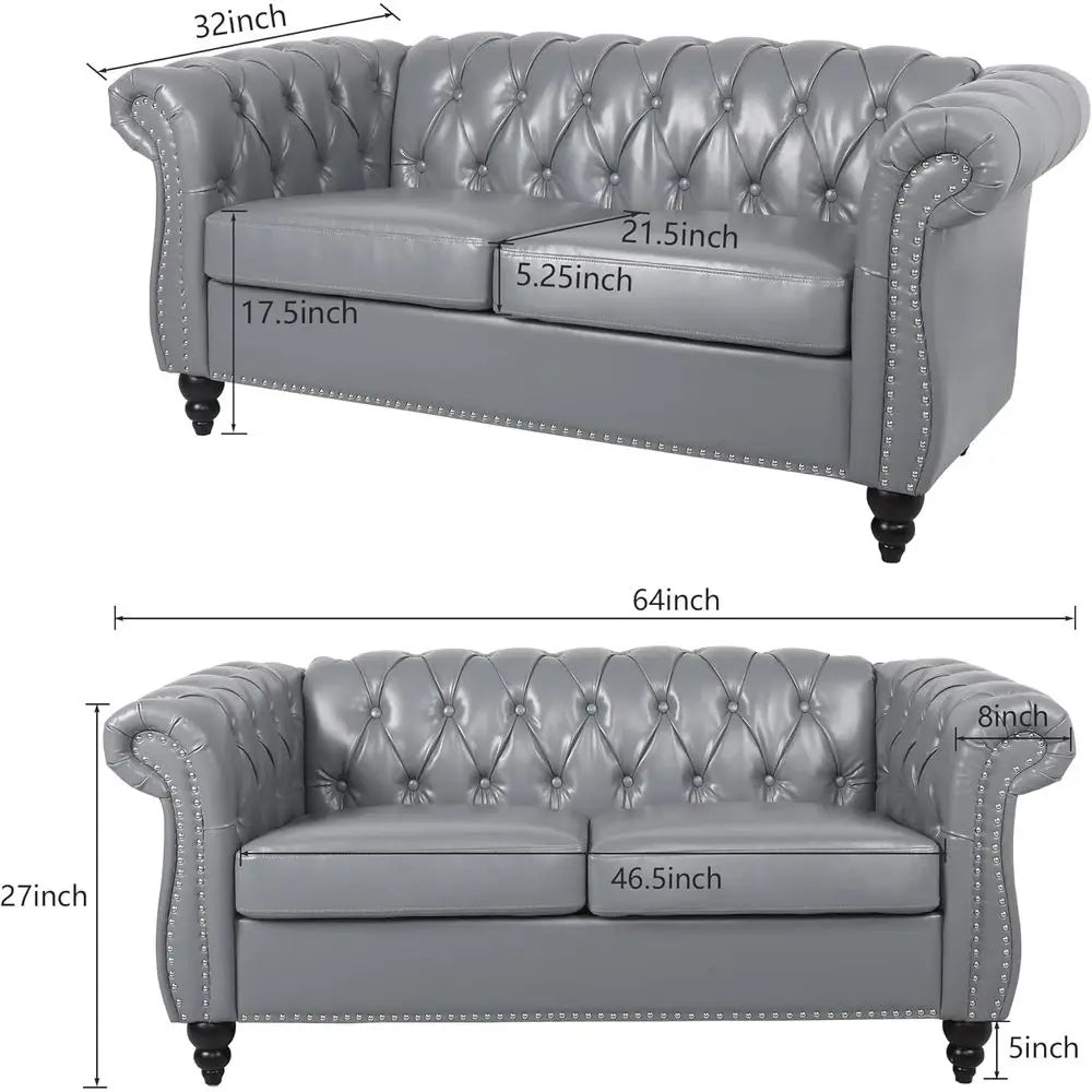 2-Piece Living Room Set: Chesterfield Leather Sofa with Scroll Arms and Nailhead Trim in Grey