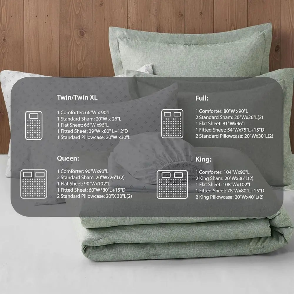 Lightweight 7-Piece Sage Green Bed in a Bag All Season Chambray Print Bedding Set, Ultra Soft Comforter, Sheets, Pillowcase & Sh