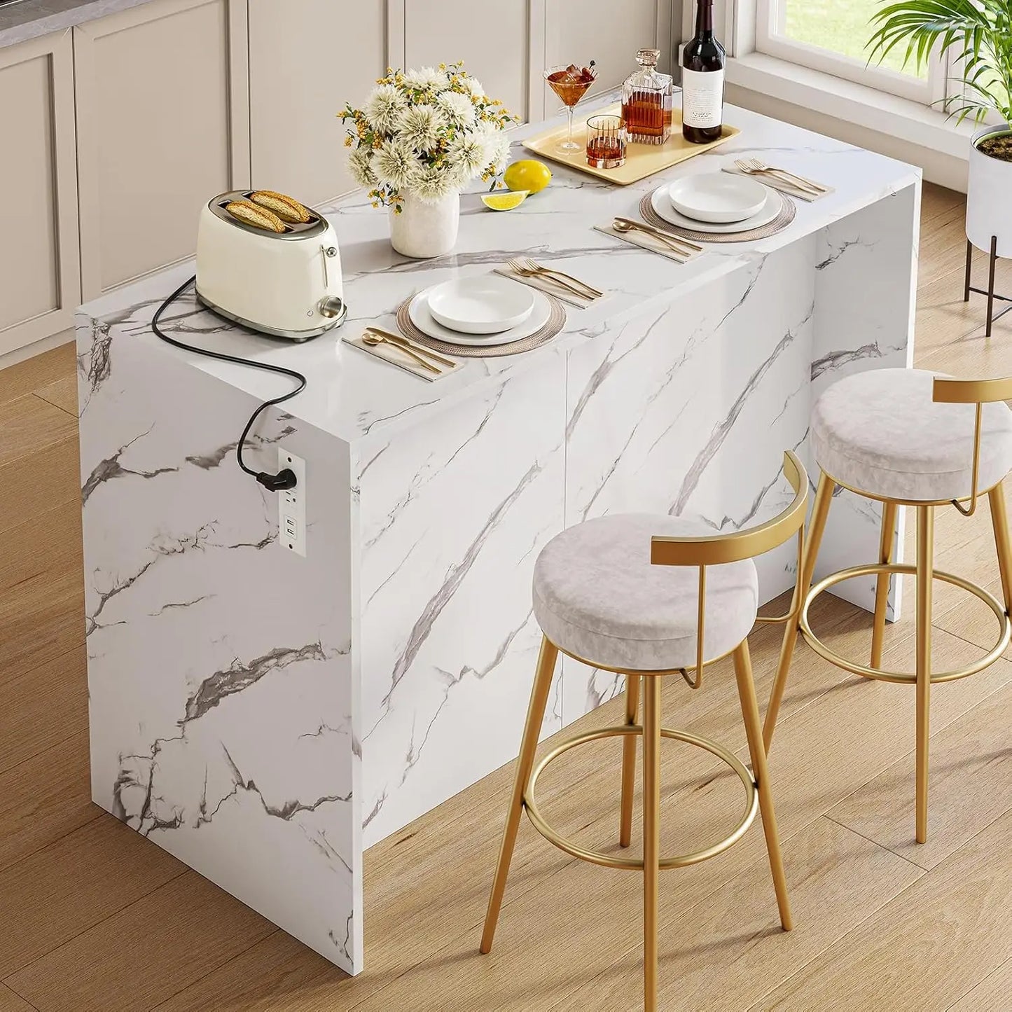 47.3" Kitchen Island with 2 Storage Cabinets & 4 Drawers, Modern Imitation Marble Dining Table with Power Outlet,, Custom