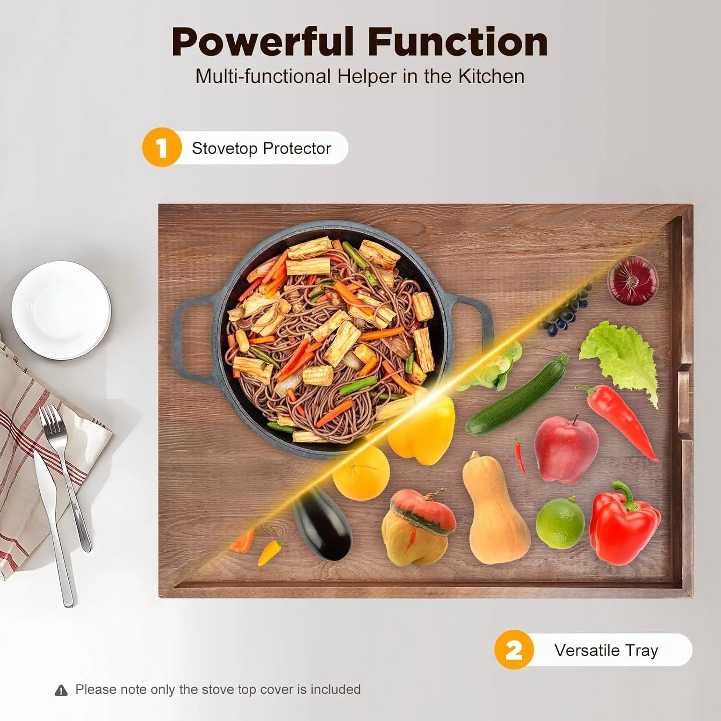 Noodle Board Stove Cover with Built-in Handles: Extra Thick Pine Wood for Gas and Electric Stoves, 30 * 22 * 2.5in, Brown