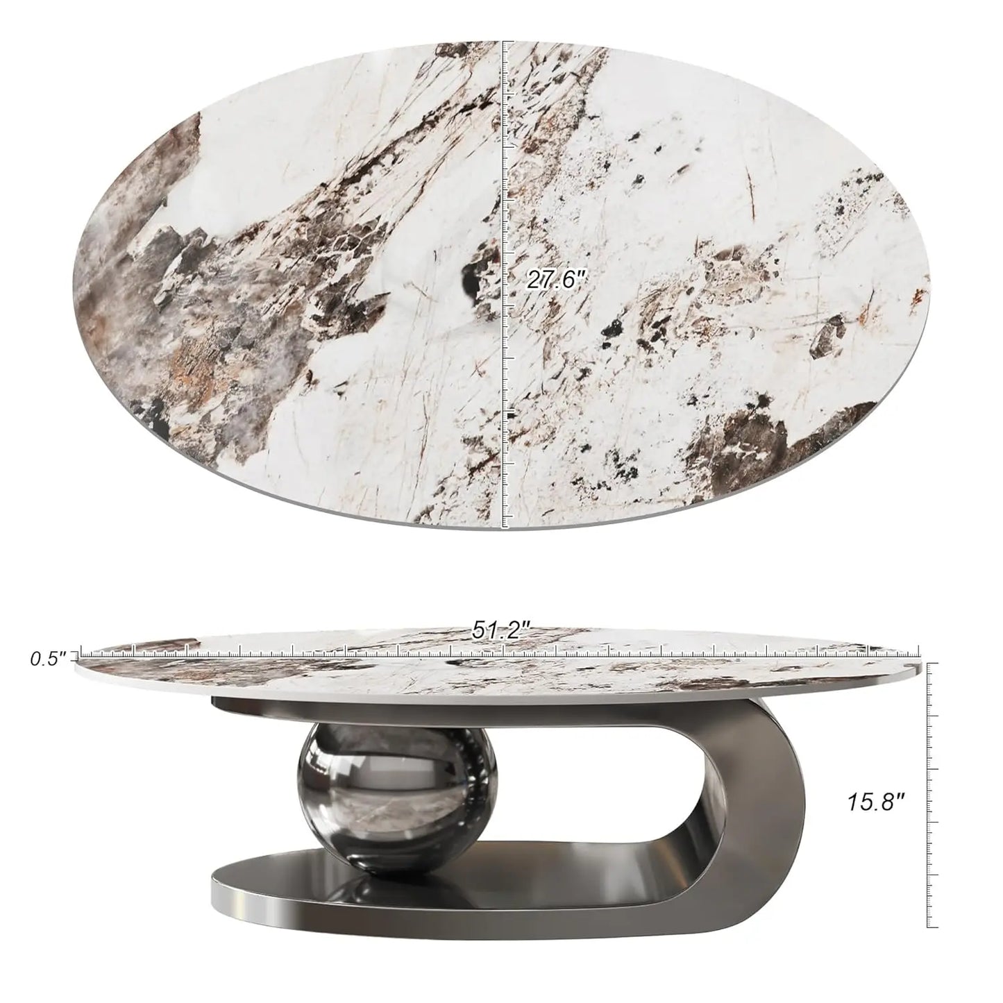 Modern Coffee Table with Silver Stainless Steel Pedestal,Oval Living Room Table with Faux Marble Top & Luxury, Customized