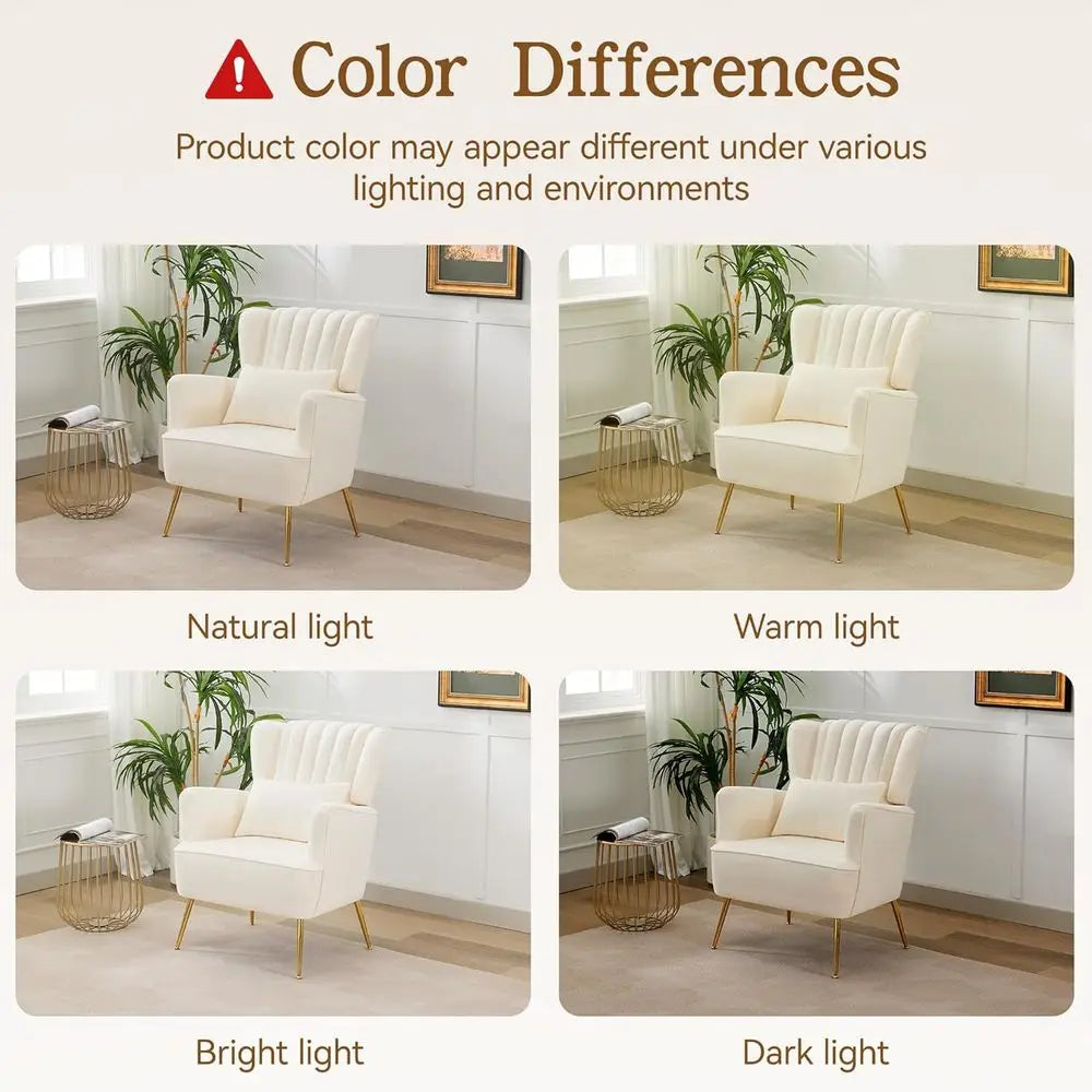 Mid-Century Modern White Wingback Armchair with Pillow And Gold Legs 8.5 Inch Cushion for Living Room Bedroom，Customized