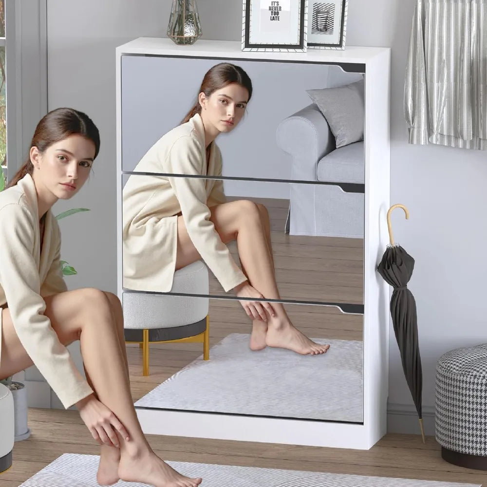 Shoe Cabinet with 3-Flip Mirror Drawers, Freestanding Shoe Rack Organizer with Hidden Handle, Slim Narrow Shoe Storage Cabinet