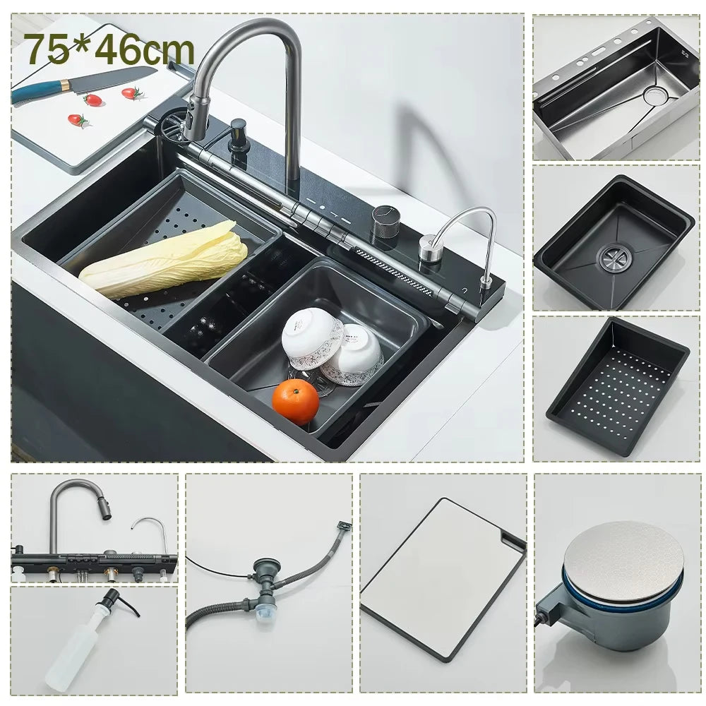 304 Stainless Steel Kitchen Waterfall Sink Digital Display Large Single Sink Dish Basin Sink With Multifunction Touch Waterfall