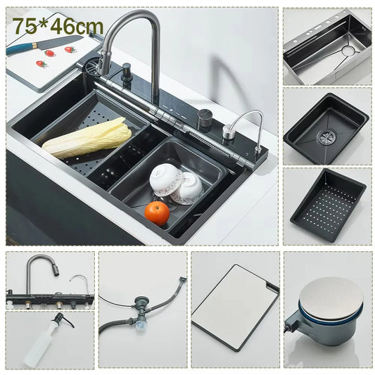 304 Stainless Steel Kitchen Waterfall Sink Digital Display Large Single Sink Dish Basin Sink With Multifunction Touch Waterfall