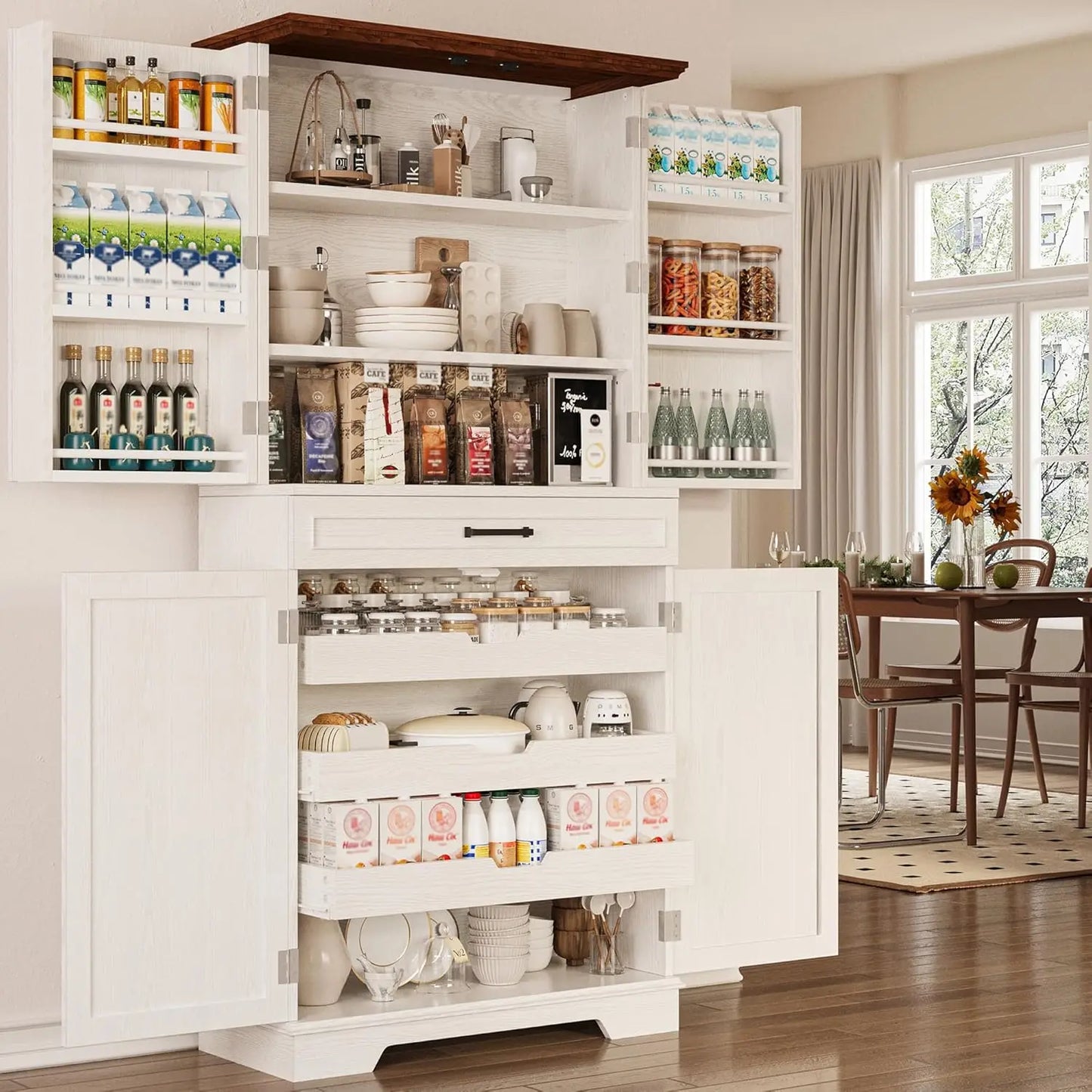 Farmhouse Pantry Cabinet, 72" Tall Kitchen Storage Cabinet, Freestanding Cupboard with Sliding Rack & 6 Hanging, Custom