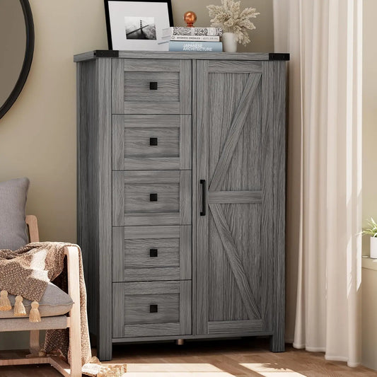 Farmhouse Dresser Storage Cabinet for Bedroom, 5 Drawer Dresser with Barn Door, 48 Inch Tall Grey Wood Chest, Customized