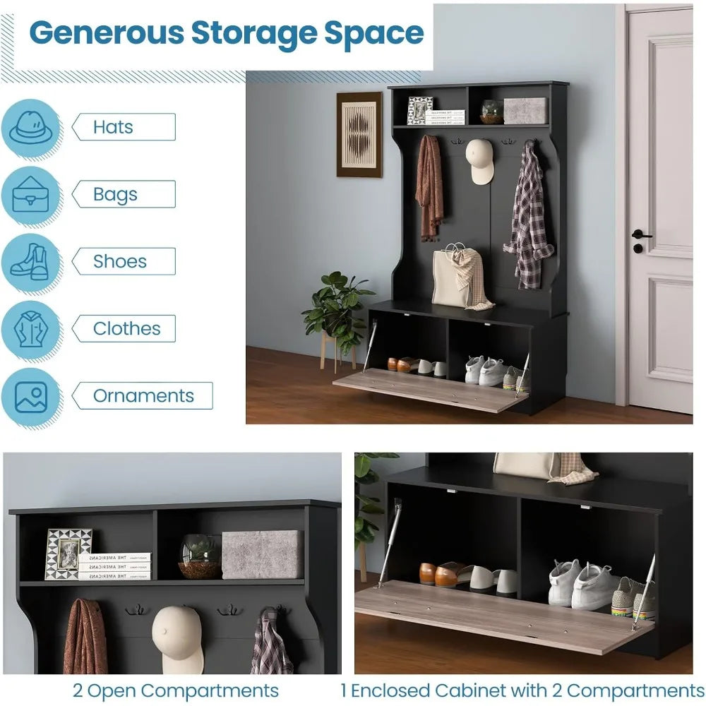 Hall Tree with Coat Rack and Storage Bench, Multifunctional Coat Rack with Entryway Bench, 5 Double Hooks