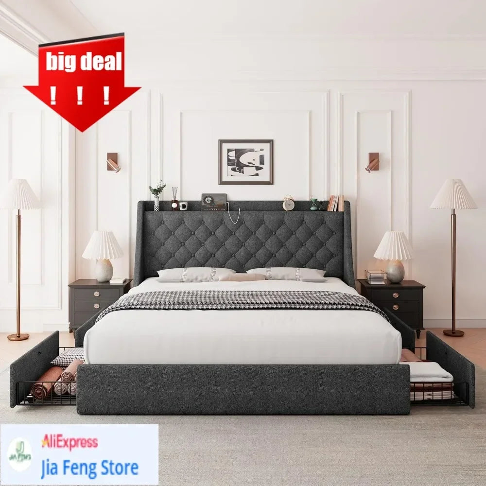 BestsellerBestsellerBestsellerfeonase queen bed frame with 4 storage drawers, upholstered storage bed with charging station, tuf
